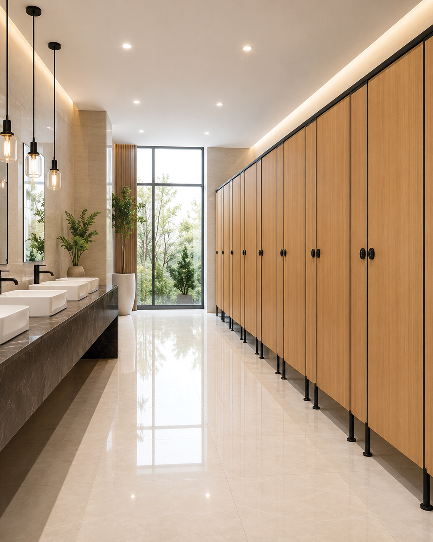 Premium QUBIQ toilet cubicles in a modern commercial washroom